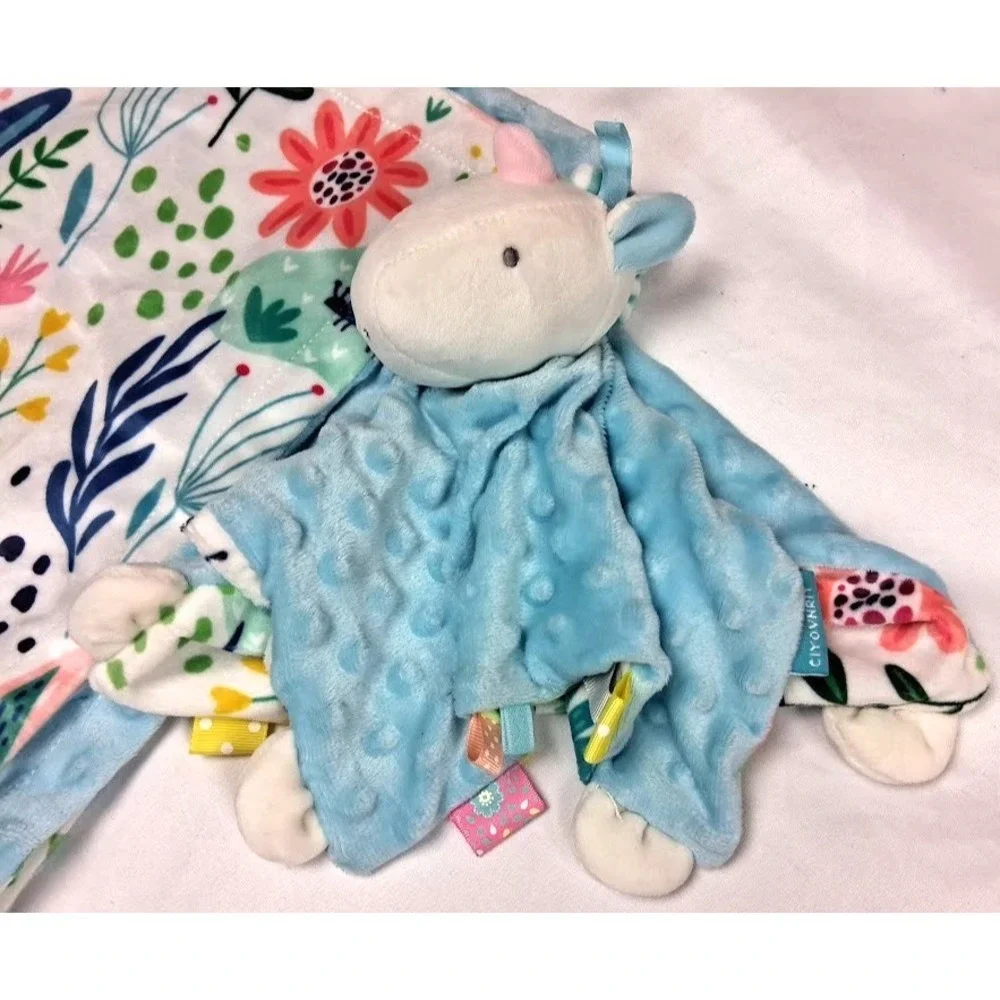 Minky Dot Floral Baby Girl Blanket And Matching Unicorn Security Lovey Blue Soft